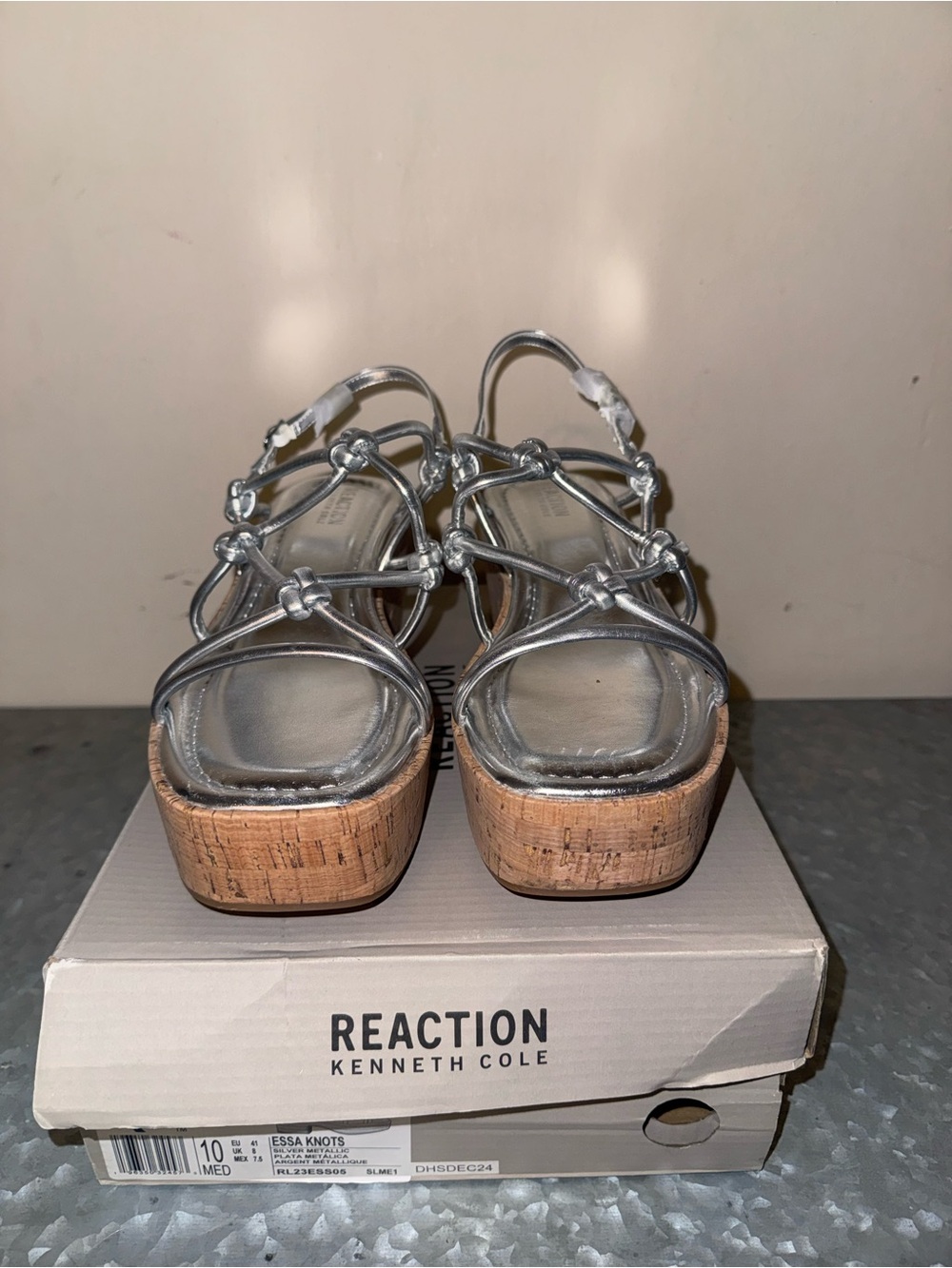 Kenneth Cole Reaction Metallic Silver Knotted Cork Platform Sandals